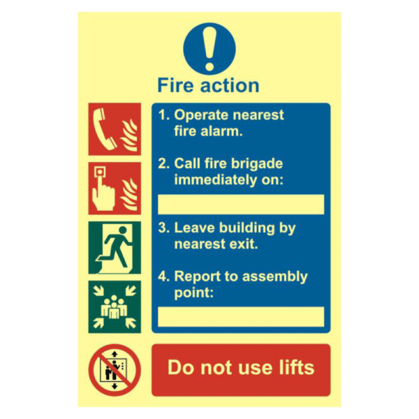 ASEC Fire Action Procedure 200mm x 300mm PVC Self Adhesive Photo luminescent Sign